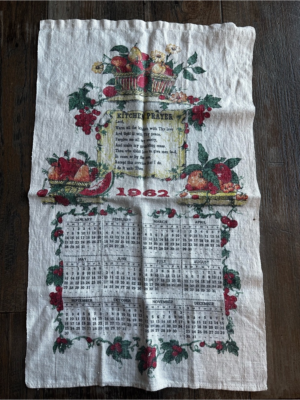 Vintage 1962 Tea Towel Calendar Kitchen Prayer Floral Fruits Apple Steven Linen